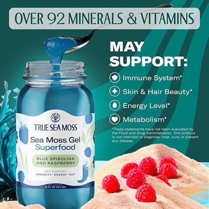 TrueSeaMoss Sea Moss Gel – Made in USA – Wildcrafted Seamoss, Fresh Fruits & Sea Vegetables – Blue Spirulina, Pack of 1 (Labels may Vary)