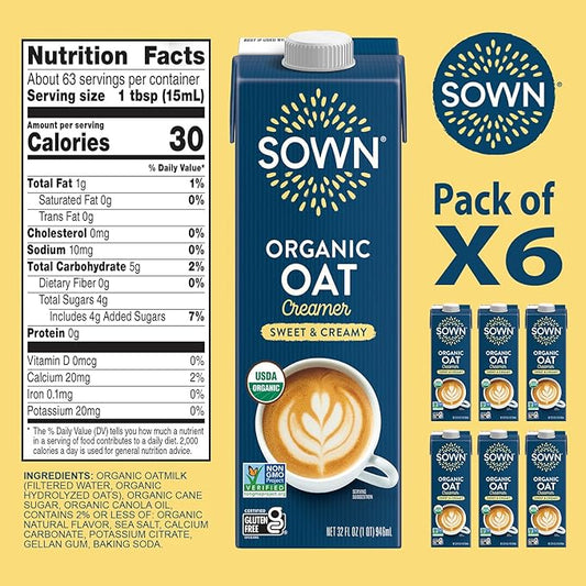 SOWN Organic Oat Creamer Sweet & Creamy - Barista Oat Milk Non Dairy Coffee Creamer - Plant Based, Dairy-Free, Vegan, Gluten-Free, Non-GMO, Shelf Stable - 32oz (Pack of 6)