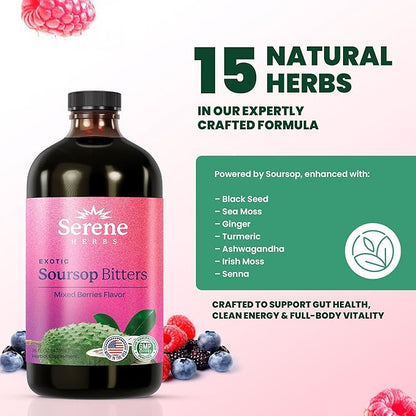 Soursop Bitters Liquid - Organic Herbal Sour Sop Guanabana with Black Seed, Moringa, Irish Moss & Ginger – Gut Support, Energy & Immune Boost – Vegan, Non-GMO – Mixed Berry Flavor – 16 oz