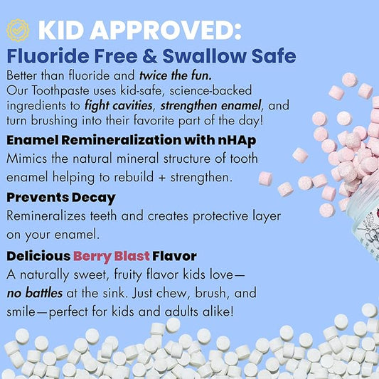 Vital Toothpaste Tabs with Nano-Hydroxyapatite | Berry Blast | Remineralizes Teeth | Kids Love It! | Fluoride Free | Plastic Free & Eco Friendly | Travel & TSA Approved | 62 Tablets (1 Month)