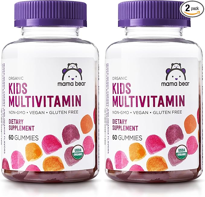 Amazon Brand - Mama Bear Organic Kids Multivitamin, 60 Gummies, 1 Month Supply (Packaging May Vary), Berry, Cherry & Orange (Pack of 2)