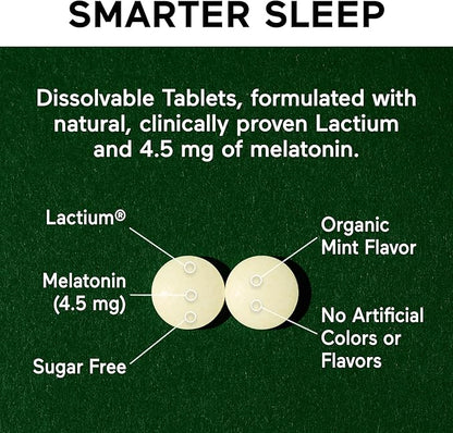 Smarter Nutrition Smarter Sleep Melatonin Dissolvable Tablets 4.5mg + Natural Clinically Proven Lactium® - Sleep & Stress Support - Mint Flavor Melatonin Tablets - Non-GMO-360 Count[180-Day Supply]