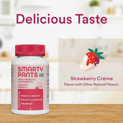 SmartyPants Adult Probiotic & Prebiotic Gummies for Digestive Health: Gut Health Supplement, Clinically Studied Prebiotic for Immune Support, Strawberry, 60 Count (30 Day Supply)