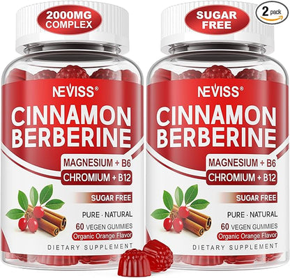 Sugar Free Ceylon Cinnamon Berberine Gummies 2000mg Max Strength Complex Supplement with Bitter Melon, Chromium & Magnesium Glycinate, Organic Berberine HCL Cinnamon Gummy Supplements, Vegan, 120Cts