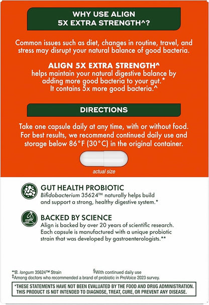 Align Probiotic Extra Strength, Probiotics for Women and Men, #1 Doctor Recommended Brand‡, 5X More Good Bacteria^ to Help Support a Healthy Digestive System*, 21 Capsules (Packaging May Vary)