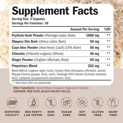Psyllium Husk Powder Capsules. Fiber Supplement for Digestive, Colon & Gut Health - Dietary Fiber Pills with Ginger Root to Help Keep You Regular. Antioxidant Support. Vegan, Non-GMO. 60 Capsules