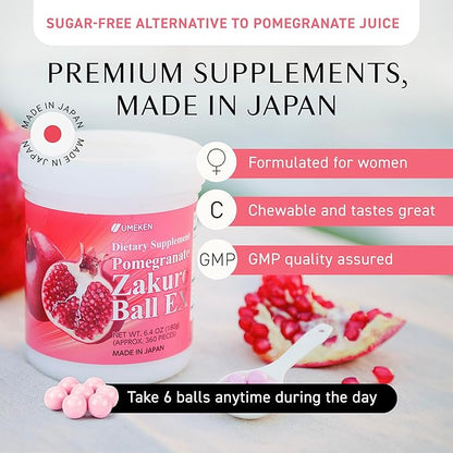 Umeken Pomegranate Balls, Chewable Supplement with Natural Vitamins, Minerals, Citric Acids & Tannins, Japanese Pomegranate Supplements for Women, 4 Month Supply, 360 Count Bottle, Pack of 2