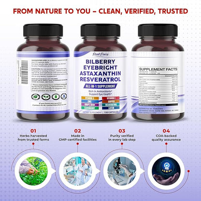 All-in-1 Bilberry Eyebright Astaxanthin Elderberry Resveratrol Supplement - Rich in Antioxidants & Supports Eye Health - Made in The USA -150 Capsules