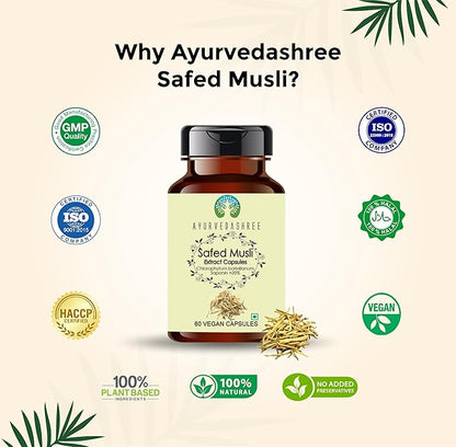 Safed Musli Extract 500mg - 60 Vegetarian Capsules | Chlorophytum Borivillianum | All Natural | 100% Vegan | Gluten-Free | GMP Certified.