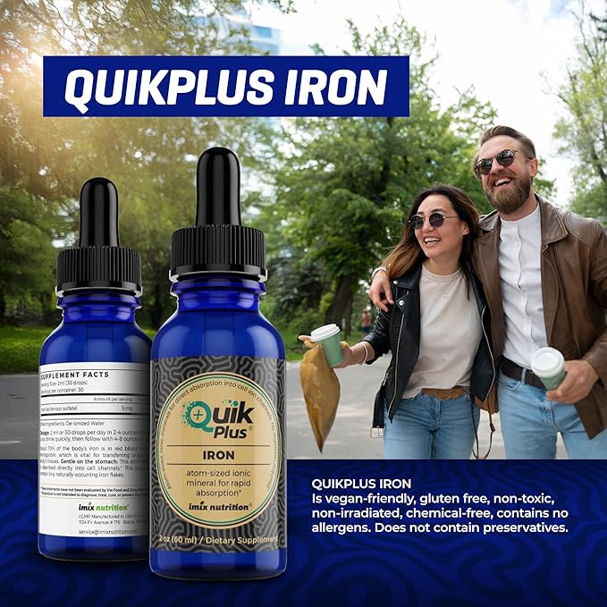 QuikPlus Iron Ionic Liquid Mineral Supplement for Hemoglobin & Ferritin – High Absorption Iron Supplement for Adults – Vegan, Gluten-Free, All Natural – 2 oz Bottle