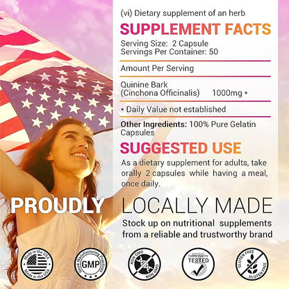 Quinine Capsules - Cinchona Officinalis Bark Herbal Supplement for Muscle, Cramp Defense and Overall Digestive Health - All-Natural Quinine Sulfate Pills, 500mg per Capsule, 100 Tablets