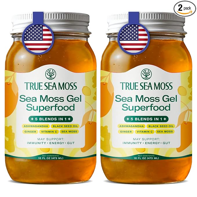 TrueSeaMoss Sea Moss Gel – Made in USA – 5-in-1 Formula – Wildcrafted Seamoss, Ashwagandha & Sea Vegetables – Ashwagandha, Pack of 2 (Labels may Vary)