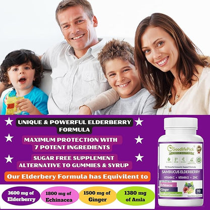 7X Elderberry with ZINC, Vitamin C, Vitamin D, Echinacea, Ginger & Indian Gooseberry (Amla).Premium Elderberry Capsules 90 ct, All Natural,Vegan,Non-GMO, No Rice Powder, No-Gluten, No Sugar