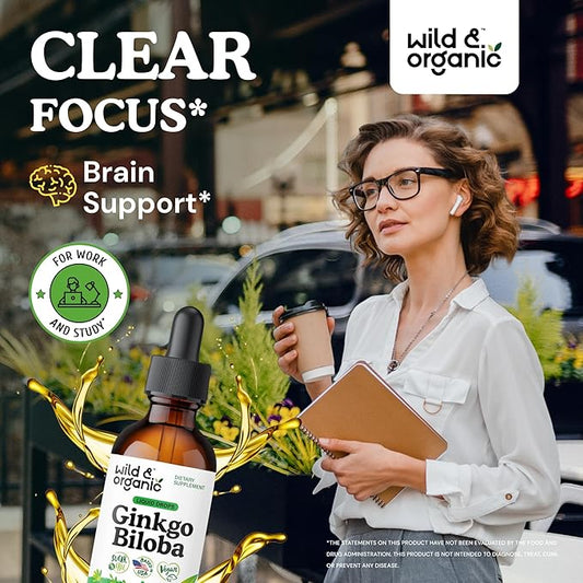 Wild & Organic Ginkgo Biloba Tincture - Brain & Focus Support with Ginkgo Leaf Supplement - Vegan, Sugar & Alcohol-Free Herbal Extract Tincture - 2 fl oz