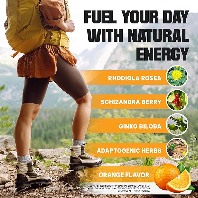 Acli-Mate Mountain Sport Drink Mix - Energy Powder Supplement - High Altitude Acclimatization Hydration - Recovery Drink for Running, Cycling, Hiking, Workout, Skiing, Travel & More - 1 Tub (Orange)