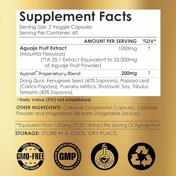 Aguaje Fruit Supplement1000mg 25:1 with Pueraria Mirifica, Papaya Leaf, Dong Quai, Shatavari, Wild Yam,Fenugreek Seed 120 Veg Capsules