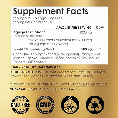 Aguaje Fruit Supplement1000mg 25:1 with Pueraria Mirifica, Papaya Leaf, Dong Quai, Shatavari, Wild Yam,Fenugreek Seed 120 Veg Capsules