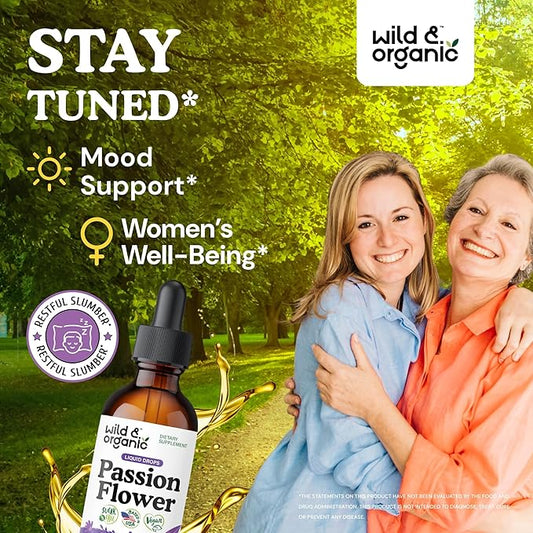 Wild & Organic Passionflower Tincture - Relaxing Passion Flower Drops for Women - Liquid Passiflora Incarnata Herb - Vegan, Sugar & Alcohol-Free Extract Supplement - 2 fl oz