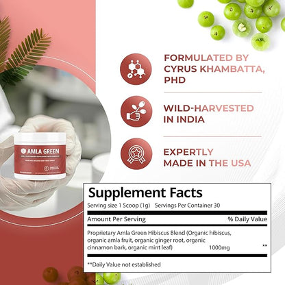 Amla Powder & Green Tea Superfood Supplement with Hibiscus, 20x Ultra Concentrated Amla, Antioxidant Support, Made with Oolong Tea and Indian Gooseberries, Organic, Vegan, Hibiscus, 30 Servings