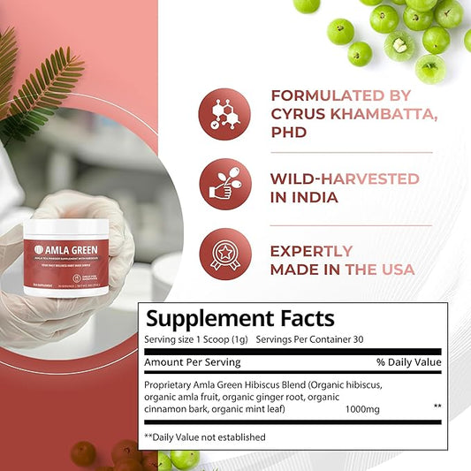 Amla Powder & Green Tea Superfood Supplement with Hibiscus, 20x Ultra Concentrated Amla, Antioxidant Support, Made with Oolong Tea and Indian Gooseberries, Organic, Vegan, Hibiscus, 30 Servings