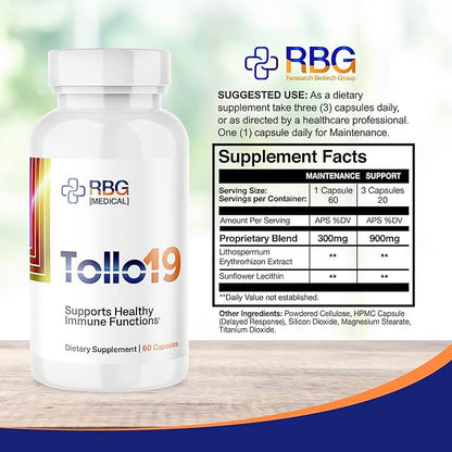 Tollo19 Immune Support Supplement - 3CLpro Inhibitors Protease Enzyme Supplement - 300mg Natural Blend of Gromwell Root Extracts & Sunflower Lecithin - Immune Defense 60 caps