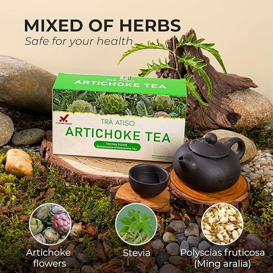 VUONGMART Artichoke Flower Tea, 100% Hand Pick, Stevia, Ming Aralia, Organic Herbal Tea, 30 Tea Bags, Gluten Free, Dairy Free, Sugar Free & Natural, Energy Boost & Health Support