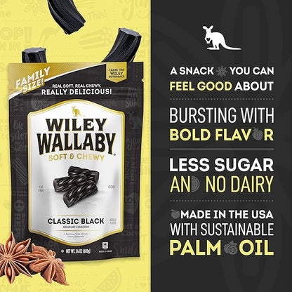 Wiley Wallaby Licorice 24 Ounce Classic Gourmet Soft & Chewy Australian Black Licorice Candy Twists, 6 Pack