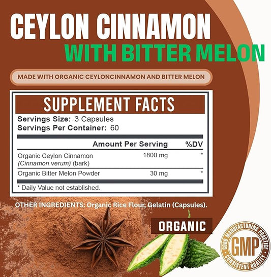 zyy Organic Ceylon Cinnamon Supplements with Bitter Melon 1830mg | Non-GMO Gluten-Free | Certified Organic Ceylon Cinnamon Powder Pills | Supports Blood Sugar & Heart Health | Antioxidant-180ct