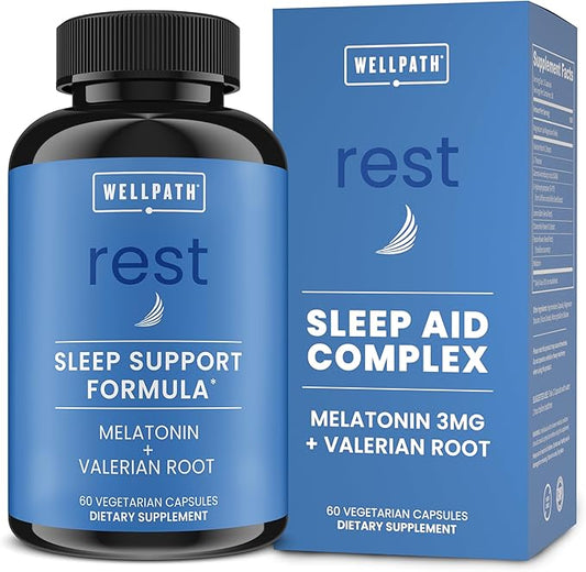 WellPath Rest Valerian Root Sleep Aid for Adults with Melatonin & L-Theanine | Natural & Herbal Sleeping Pills with Extra Strength | | 5-HTP, Lemon Balm, Chamomile, 60 Ct