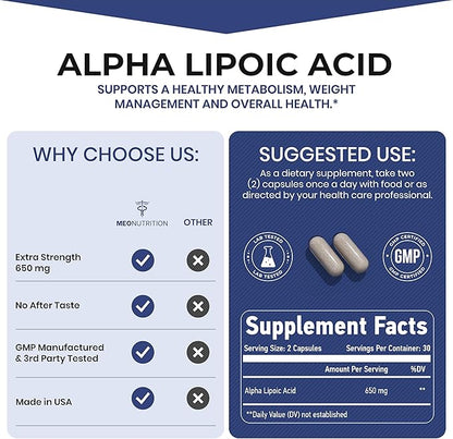Alpha Lipoic Acid 650mg – 60 Capsules | Non-GMO, Gluten-Free, GMP Certified | Supports Antioxidant Health & Metabolic Wellness | Made in USA