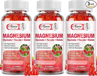 3Pack Magnesium Glycinate Gummies 500mg,Magnesium Supplement with Taurate, Malate, Vitamins D, C, B6, Calcium for Sleep, Relaxation, Muscle, Bone Health & Immune Support-180 Count