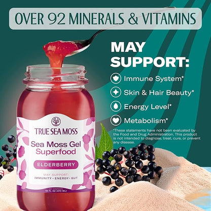 TrueSeaMoss Sea Moss Gel – Made in USA – Wildcrafted Seamoss, Fresh Fruits & Sea Vegetables – Elderberry, Pack of 1 (Labels may Vary)