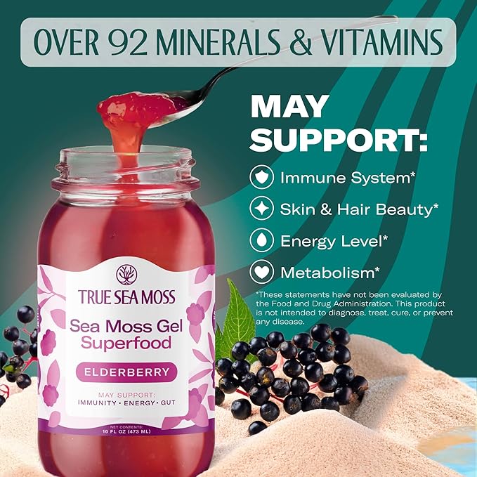 TrueSeaMoss Sea Moss Gel – Made in USA – Wildcrafted Seamoss, Fresh Fruits & Sea Vegetables – Elderberry, Pack of 2 (Labels may Vary)