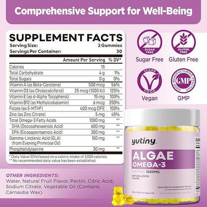 Vegan Omega 3 Gummies for Women, Algae Omega 3 1000mg Supplement with DHA, EPA, GLA, Vitamin A, E, B12, Folate, Skin & Brain Health, Sugar Free, 60 Count