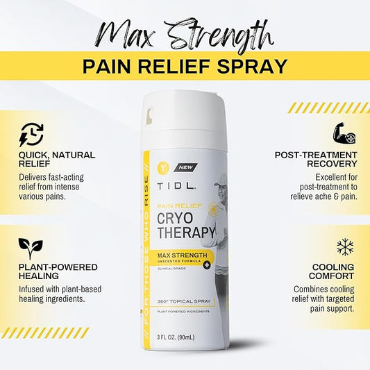 TIDL Cryotherapy Pain Relief Spray, 3 Oz (Pack of 2) Max Strength for Fast-Acting Muscle, Joint & Neck Pain Relief, Plant-Based Menthol & Camphor Pain Reliever, Quick Drying Formula