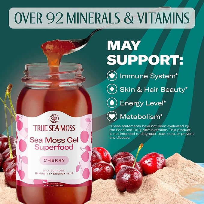 TrueSeaMoss Sea Moss Gel – Made in USA – Wildcrafted Seamoss, Fresh Fruits & Sea Vegetables – Cherry, Pack of 1 (Labels may Vary)