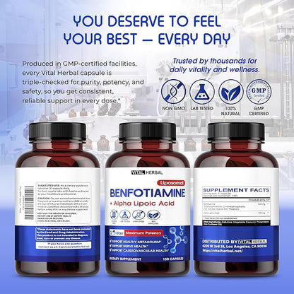 VITAL HERBAL Liposomal Benfotiamine with Alpha Lipoic Acid - Maximum Potency- Support Healthy Metabolism - Made in The USA