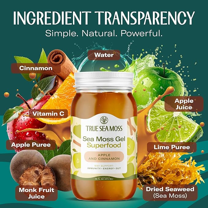 TrueSeaMoss Sea Moss Gel – Made in USA – Wildcrafted Seamoss, Fresh Fruits & Sea Vegetables – Apple/Cinnamon, Pack of 2 (Labels may Vary)