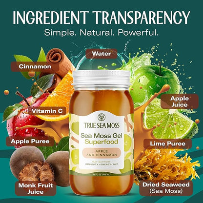 TrueSeaMoss Sea Moss Gel – Made in USA – Wildcrafted Seamoss, Fresh Fruits & Sea Vegetables – Apple/Cinnamon, Pack of 2 (Labels may Vary)
