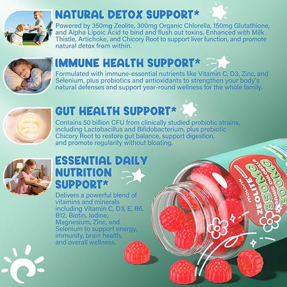 Zeolite Detox for Kids & Adults, 350mg Zeolite Gummies with 300mg Organic Chlorella, Glutathione, Probiotic & Vitamin D3, E, C, B6, B12 for Immune & Gut Support, Apple Gummies, 30 Serving
