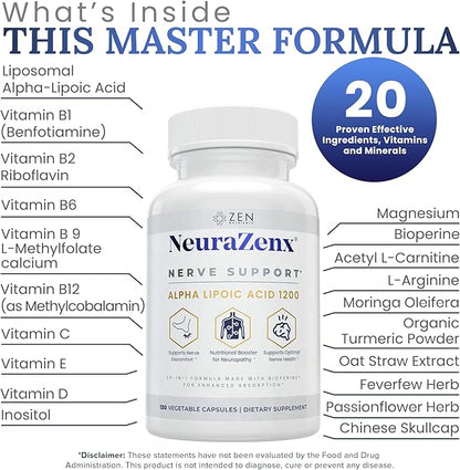 Zen Nutrients NeuraZenX Nerve Support & Peripheral Neuropathy Support Supplement with 1200mg Alpha Lipoic Acid (ALA), Benfotiamine, L-Carnitine, and Turmeric