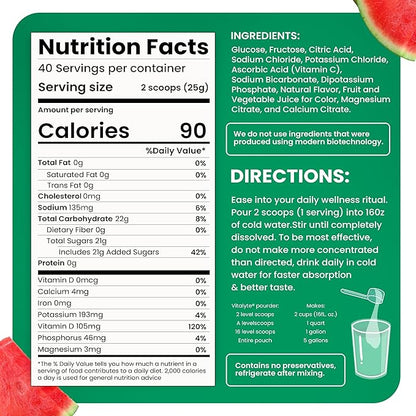 Vitalyte Electrolyte Powder Drink Mix, Isotonic Electrolyte Hydration Mix, Gluten Free Post Workout Powder, Pack of 1, 35 oz., Watermelon Flavor