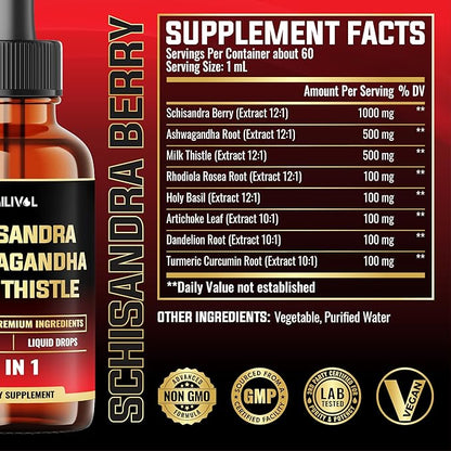 8in1 Schisandra Berry Drops with Milk Thistle, Ashwagandha, Rhodiola Rosea, Holy Basil, Artichoke, Dandelion Root & Turmeric Curcumin - 2 Fl Oz for 2 Month Supply