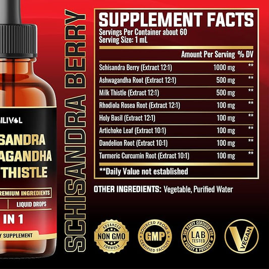 8in1 Schisandra Berry Drops with Milk Thistle, Ashwagandha, Rhodiola Rosea, Holy Basil, Artichoke, Dandelion Root & Turmeric Curcumin - 2 Fl Oz for 2 Month Supply