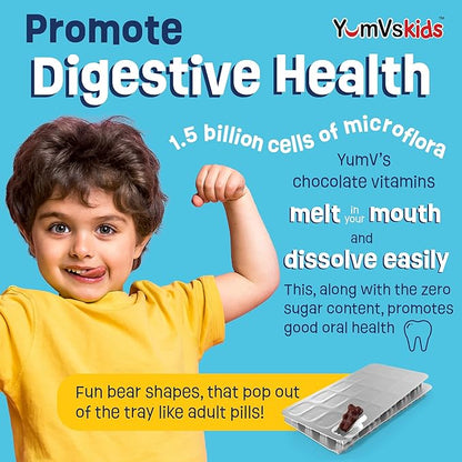 YumVs Probiotics for Kids with Prebiotic Fiber Sugar Free Chocolate Chewable Supplements - Dietary Supplement Chewables for Digestive Health - Toddlers, Kids & Teens 60 Count