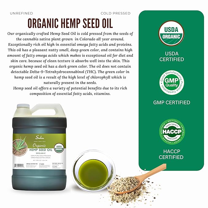 1 Gallon USDA Organic Unrefined Cold pressed Hemp Seed Oil