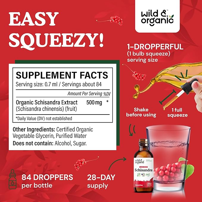Wild & Organic Schisandra Berry Extract Drops 500 mg - Relaxing Schisandra Supplement - Liquid Chinensis Tincture - Vegan, Sugar & Alcohol-Free - 2 fl oz