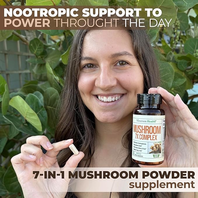7-in-1 Mushroom Powder Supplement - Organic Lions Mane Powder, Reishi Mushroom, Cordyceps, Chaga. Mushroom Complex Capsules for Memory, Focus, Immune Support & Energy. 60 Turkey Tail Mushroom Capsules