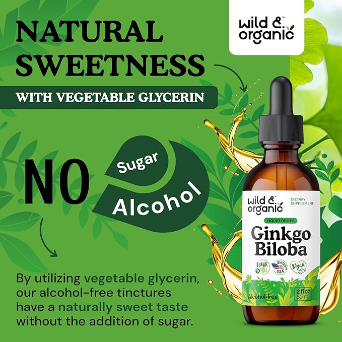 Wild & Organic Ginkgo Biloba Tincture - Brain & Focus Support with Ginkgo Leaf Supplement - Vegan, Sugar & Alcohol-Free Herbal Extract Tincture - 2 fl oz