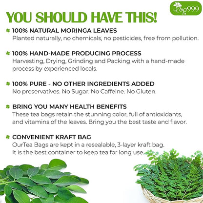 TOG999, Premium 120 Moringa Leaf Tea Bags, 100% Natural & Pure. Loose Leaf Moringa Herbal Tea. No Sugar, No Caffeine, No Gluten, Vegan.